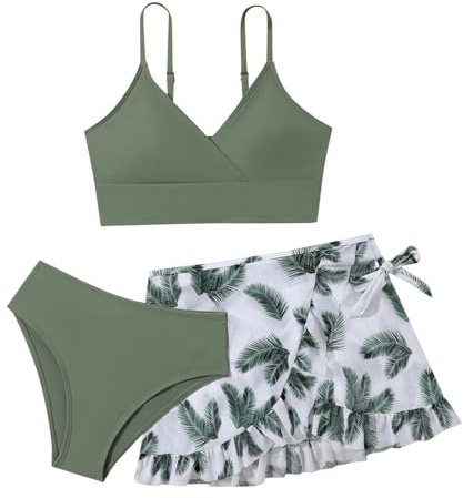 Conjunto Bikinis Niña 3 Piezas Top Bikini Shorts Bikini y Falda Estampada Bañador Dos Piezas con Tirantes Ajustables Trajes de Baño de Verano Ropa dePlaya y Piscina para (2-Army Green, 15-16 Years)