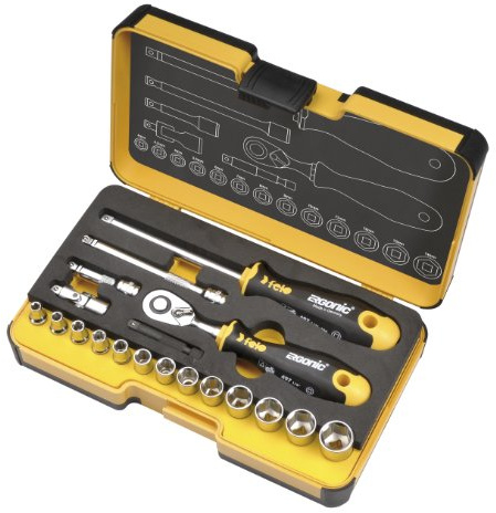 Felo Werkzeugsatz R-GO 19 1/4 mit ERGONIC Ratsche, Steckschlüsseleinsätzen, und Zubehör, 19-tlg
