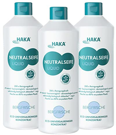 HAKA Neutralseife Liquid, Allzweckreiniger, 3x 1L, Universalreiniger für den Haushalt und Auto, pH-neutrales Reinigungsmittel, Konzentrat, Duft Bergfrische