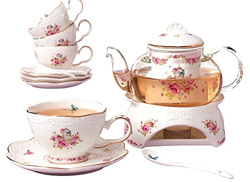 Jusalpha® Vintage Porcelain Flower Series Tea Sets, Tea Cup Saucer Set with Teapot Warmer- Filter and Spoon, 16pcs in 1 set (16pcs set)