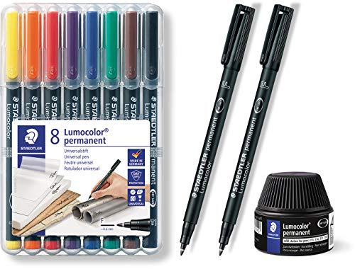 Staedtler 318 WP8 Lumocolor Universalstift F-Spitze | Eco-Bundle für Vielschreiber mit 2 schwarzen Stiften und Nachfüllstation | circa 0.6 mm, permanent, 8 Stück in aufstellbarer Staedtler Box