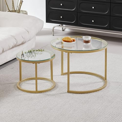 BenyLed Set med 2 sällskapsbord, litet utdragsbord för vardagsrum eller matsal kontor, stort: 60 x 60 x 45 cm, liten: 40 x 40 x 35 cm, guld