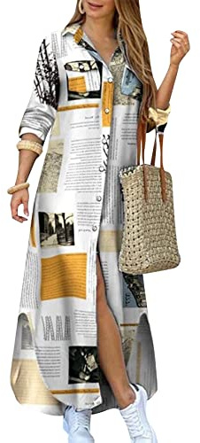 YMING Abito a Camicia Donna con Bottoni Abito Casual a Maniche Lunghe Abito a Tinta Unita con Grafica Divertente Abito Lungo Baozhi XXL