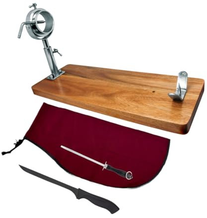 Nerthus FIH 1218 Schinkenkopf drehbar und teleskopisch + Schinkenabdeckung Bordeaux + Handschärfer + Schinkenmesser schinkenhalter, Holz Edelstahl, Burgunderrot