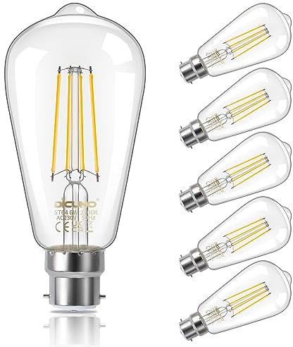 DiCUNO Edison Glühbirne B22 6W, Warmweiß 2700K, ST64 Filament LED Lampe, Ersatz 60W antike Halogen, 810LM, für Nostalgie und Retro Beleuchtung, 80Ra, Klarglas, 360°, nicht dimmbar, 230V, 3er Pack