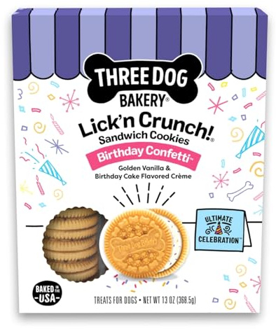 Three Dog Bakery Confeti de cumpleaños Lick'n Crunch! - Galletas de cumpleaños aptas para perros, golosinas para perros con sabor a pastel, galletas de celebración para cachorros