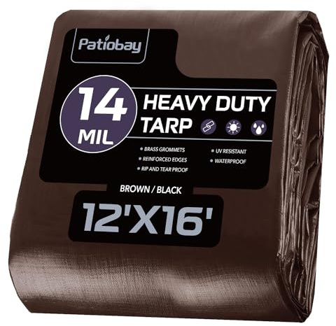 Patiobay Tarp 12x16FT, 14 Mil Large Tarp, Tarps Heavy Duty Waterproof with Grommets Every 23.6, 420D Thick Plastic Tarp, UV Resistant Tear&Fade Resistant, Reinforced Edges for Outdoor Pool Camp Tent