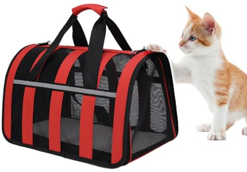 Treer Sac Transport Chat, Sac de Transport pour Chat Respirant et Pliable, Caisse de Transport Chat avec Matelas Souple, Sac Chat pour Voyage en Avion-Rouge S