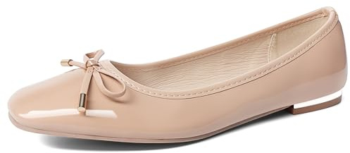 MUSSHOE Women's Ballet Flats Shoes Dressy Comfortable Square Toe Patent Flat with Bow, Nude 8