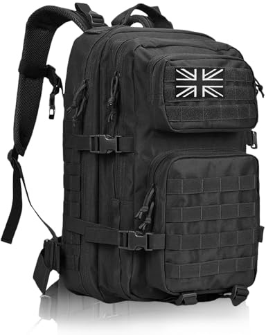 Geebymol 45L Military Tactical Backpacks Large Molle Army Assault Pack 3 Day Bug Out Bag Laptop Bag for Hiking Treeking Black Hunting Rucksack with 4 Flag Patches (Black)