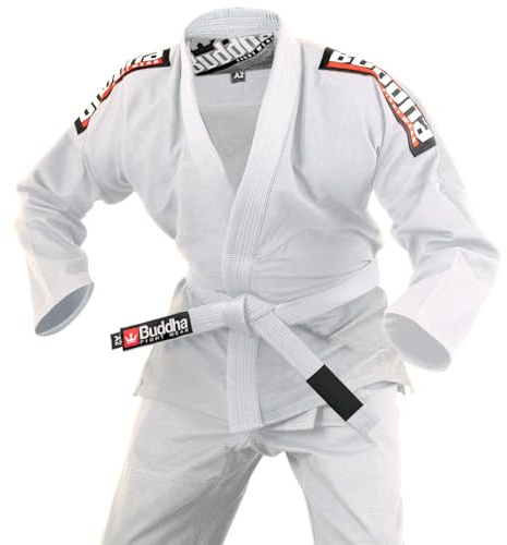 Buddha Fight Wear -Premium Infinity Brasiliansk Jiu Jitsu/BJJ Gi Kimono med vitt bälte, unisex vuxen, Vit, A1