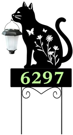 Solar Cat Garden Stakes Cat Holding Solar Lantern Decor Stakes Animal Yard Decorative Stakes Yard Sign -Number
