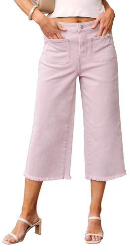 luvamia Capris Jeans for Women Wide Leg High Waisted Trendy Raw Hem Patch Pocket Cropped Stretchy Denim Capri Pants Casual Outfits for Women Hushed Violet Large Fits Size 12 Size 14
