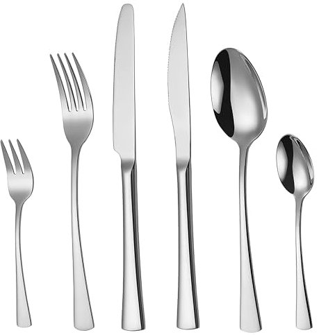 Deleca Edelstahl Besteckset 6 Personen Harmony mit Steakmesser - Spülmaschinenfest, Silberbesteck, Cutlery Set, Essbesteck, Besteck set 6 Personen - Tafelbesteck für Haus/Party/Restaurant