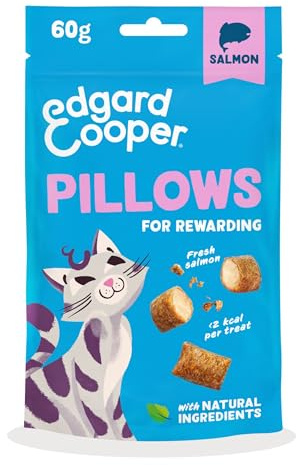 Edgard & Cooper snack naturali per gatti, Pillows al salmone (1 x 60 g), ricchi di carne fresca, senza cereali, meno di 2 kcal per snack, ingredienti naturali e senza zuccheri aggiunti.