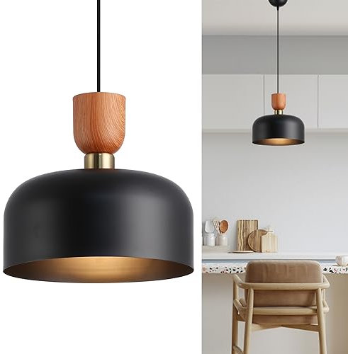 Alpinaluz Lámpara Colgante de Techo – Acero Negro con Pintura Imitación Madera, Anillo Decorativo Dorado, Pantalla de 30cm, Portalámpara E27 – Diseño Elegante para Salón, Comedor y Dormitorio