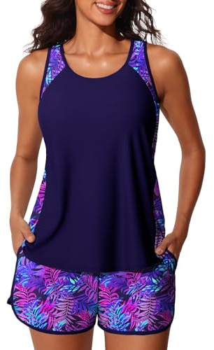 Summer Mae Blouson Tankini Swimsuits for Women 2026 Tummy Control Two Piece Bathing Suits with Sporty Pockets Swim Shorts Purple Leaf Shadows Size 14