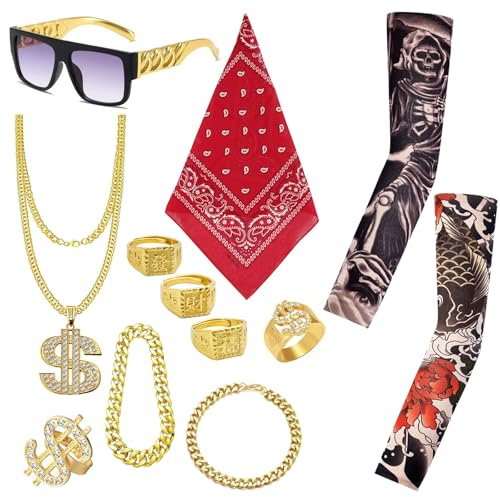 VEGCOO 12 pezzi Costume Hip Hop Costume rapper 80s 90s Costume accessori rocker collana dollaro, anello dollaro, occhiali da sole, manico del tatuaggio per carnevale