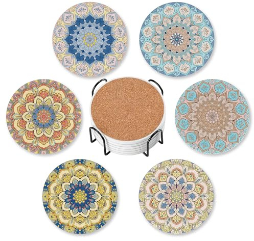 Mandala Set of 6 Coasters for Drinks Absorbing Round Ceramic Stone Coaster with Cork Base,Tabletop Protection Mat for Mugs and Cups,Office,Kitchen