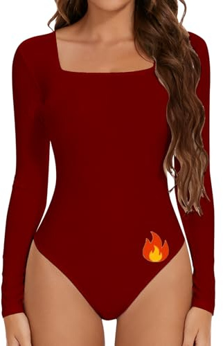 Joyshaper Dam Bodysuit Långärmad Elegant Toppar Med Fyrkantig Hals Varm Termisk Blus Bodysuit Toppar Toppar Underkläder, Fyrkantig halsring-vinröd, S
