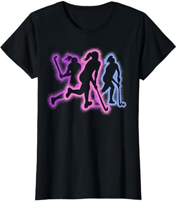 Hockeyspieler Silhouetten Mädchen Kinder Feldhockey T-Shirt, Damen, Schwarz, S