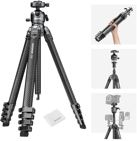 NEEWER LITETRIP LT38 61 Travel Camera Tripod, Carbon Fiber Portable Stand, 360° Pan Tilt Ball Head, Center Axis, Arca Type QR Plate Compatible with Clip V3, Max Load 22 lb, Cleaning Cloth
