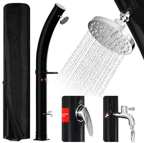 Mantigositeen Ducha solar de 35 litros, color negro, columna curvada con cabezal de ducha de 360°, incluye cubierta protectora y calefacción solar ajustable (3,5 bares)