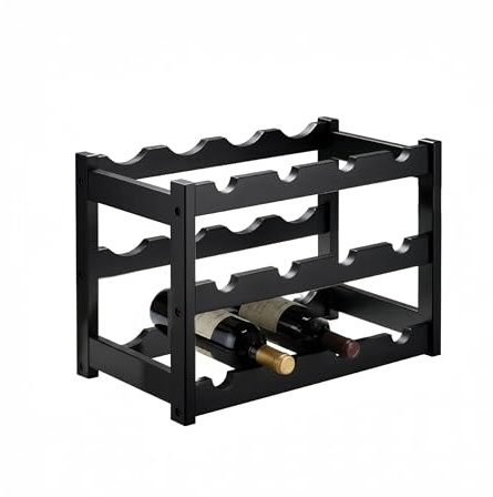 Baroni Home Cantinetta Portabottiglie in Legno, 3 Ripiani per 12 Bottiglie, Espositore Vino per Cucina, Bar e Cantina, Facile da Montare, 24x46x30 cm (Nero)