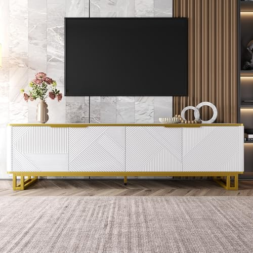 Merax 160cm TV Stand for 70 inch TVs, Modern White & Gold TV Cabinet with 4 Doors, Lowboard Media Console Entertainment Centre with Geometric 3D Texture, Metal Legs, Cable Management for Living Room