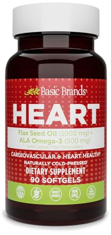 Basic Brands Smart Heart Flaxseed Oil 1000 mg with ALA Omega-3 & Lignans – Cold Pressed, Plant-Based Omega 3 for Heart, Brain & Skin Support – Non-GMO, 90 Softgels