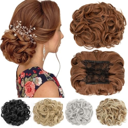 Short Messy Curly Dish Hair Bun Extension Easy Stretch hair Combs Clip in Ponytail Extension Scrunchie Chignon Tray Ponytail Hairpieces Light Auburn