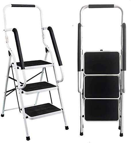 Escabeau 3 Marches Pliant avec Sécurité Rail de Support Acier Escabeau Pliable 3 Marches Échelle pour Cuisine Bureau Utilisation