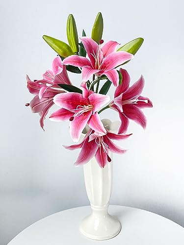 JINWOE 2Pcs 6 Heads Dark Red Lily Artificial Flowers, 28inches Long Stem Latex Real Touch Stargazer Fake Lily Silk Flower for Tall Vase Easter Home Decor Wedding Party Table Centerpieces