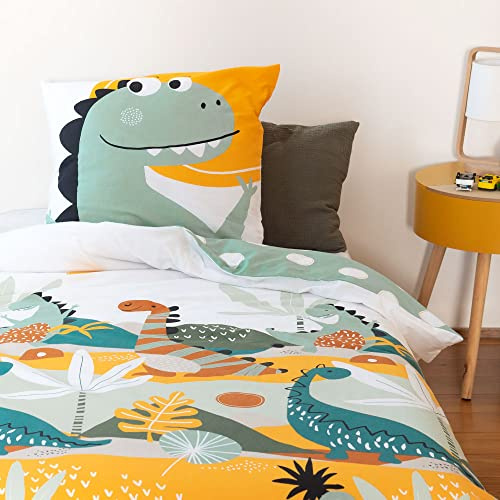 Côte Deco - Juego de cama infantil reversible de dinosaurios prehisto verde, funda nórdica de 140 x 200 cm y 1 funda de almohada de 63 x 63 cm