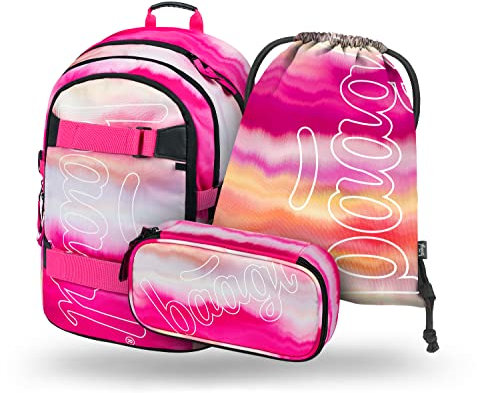Baagl Schulrucksack Set Mädchen 3 Teilig, Schultasche ab 3. Klasse, Grundschule Ranzen mit Brustgurt, Ergonomischer Schulranzen (Skate Pink Stripes)