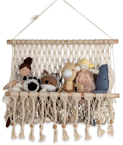 Crane Baby Macrame Hanging Storage Bin for Nursery, Boho Baby Decor, Baby Toy Hanging Basket Wall Storage, Bohemian Macrame Nursery Decor, 16 W X 22 H