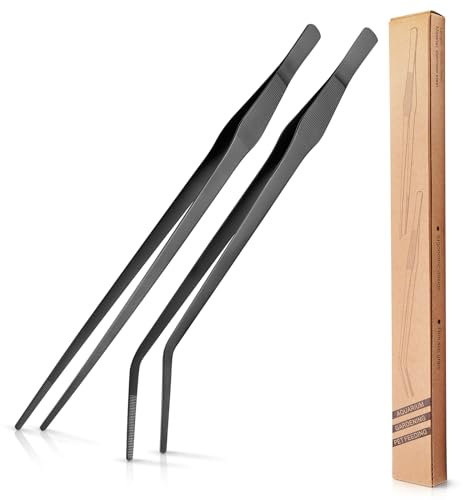 Aquarium Pinzette Lange, 2 Stücke 38cm Schwarz Edelstahl Gerade Pinzette und Gekrümmte für Fisch Tank Wasserpflanzen, Aquarium Futterpinzette für Eidechsen Spinnen Schlangen Schwarz