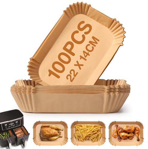 Diboniur Papier Sulfurisé Air Fryer, 100 Pièces 22x14cm Papier Cuisson Air Fryer, Antiadhésive Disposable Paper Liners pour Ninja AF300EU/AF400EU/Cecotec/Masterpro Double Airfryer (Rectangulair)