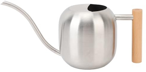 Regadera de acero inoxidable, mango de madera, diseño con boquilla larga, regadera para plantas de capacidad media y protección contra salpicaduras para jardinería