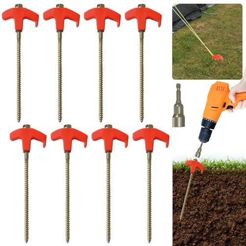 8 Screw in Tent Pegs 8 Pcs with Drill Dapter, Luminous Drillable Tent Stakes, Heavy Duty Ground Anchors Screw in for Outdoor Camping Awnings Accessories Stuff，Glow-in-the-Dark Tent Peg