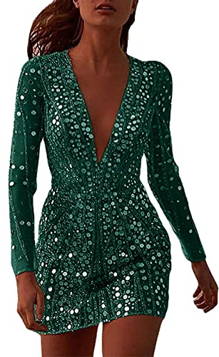 MJGkhiy Vestido de lentejuelas para mujer corto con curvas vestido de ceremonia elegante rojo vestidos de Navidad cuello en V vestido de Año Nuevo Oro Manga Larga Vestido de Novia Carnaval Verde