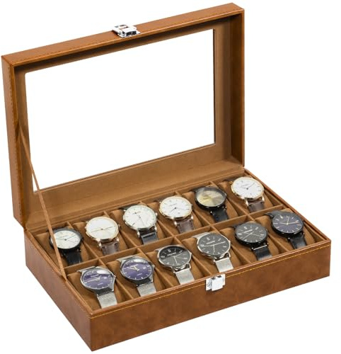 Uten Boîte à Montres 12 Compartiments, Coffret à Montres en PU, Couvercle en Verre, Coffret de Rangement pour Montres, Doublure en Velours Marron, Idée Cadeau