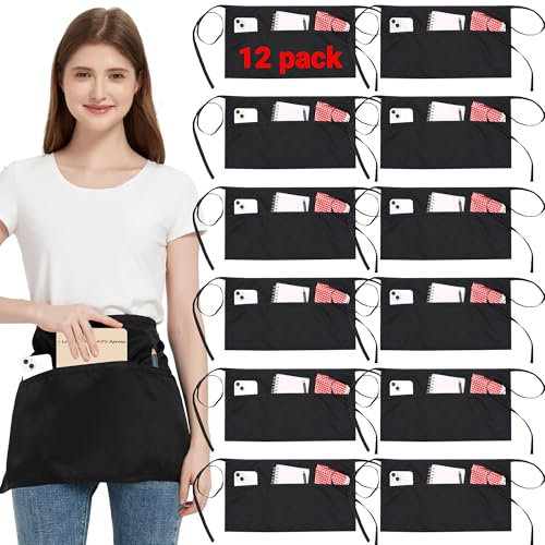 3 Pack Waist Apron with 3 Pockets, Black Waitress Waiter Aprons for Women Man, Water Resistant Server Aprons Long Straps Bistro Apron for Chef Restaurant Work Bar (12, Black - 23.62''X11.81'')
