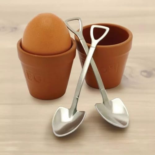 Marco Paul 2pc Plant Pot and Shovel Novelty Egg Cups for Kids and Adults Unique Egg Cup with Stainless Steel Spade Spoons Kitchen Accessories Perfect Gardening Gifts for Women and Men