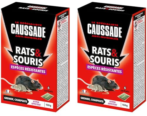 Caussade Anti Rats & Souris - Espèces résistantes - Lieux Secs - 12 Sachets Céréales - Prêt à l'emploi - Une Ingestion Suffit - Fabriqué en France - 2x150g CARSCBR150X2