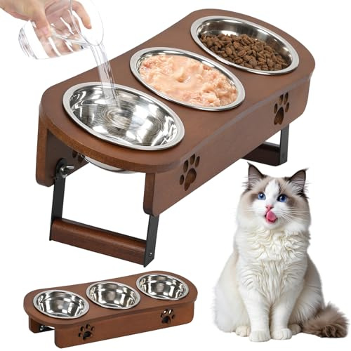 Optyuwah katzennapf erhöht Futterstation Katze - Futternäpfe Katzen 3er Set Näpfe Erhöht,Höhenverstellbar Fressnapf Futterbar mit Ständer Edelstahl Näpfe für Wasser Futter Katzen,kleine Hunde Braun