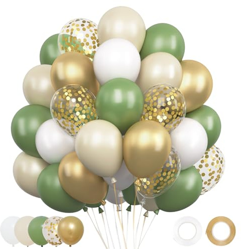 Ballons Anniversaire Vert Sauge Or Blanc - 62 Pcs 12 Pouces Ballon Vert, Blanc et Doré, Ballon Helium pour Decoration Anniversaire, Deco Baby Shower, Decoration Bapteme Garcon, Deco Mariage Champetre