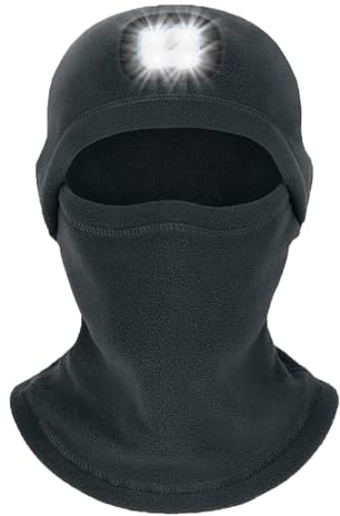 Balaclava motorcykel vinter, balaclava, skidmask, ansiktshuva, svart med ljus för kvinnor och män, balaclava, cykel, vinter, elastisk med fleecefoder, vindtät, varm, för utomhussporter (med pannlampa)