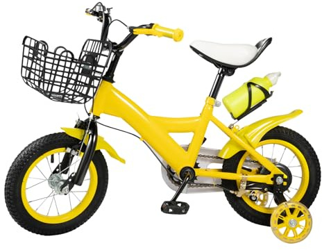 KKVUIIFF – 12Tums Barncykel, Barncykel Med Stödhjul Och Frontkorg, Cykel för Flickor Pojkar 2–4 år Gamla (gul)