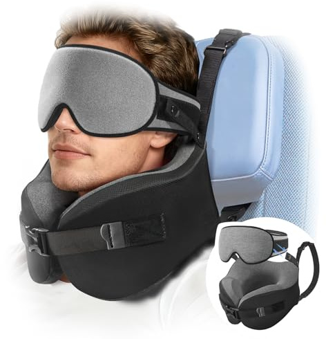 Umisleep Cojín Cervical de Viaje para Avión para Vuelos Largos, Almohada de Memory Foam con Máscara de Sueño 3D, Soporte 360° para Cabeza y Cuello, Evita Que la Cabeza se Incline en Avión, Gris